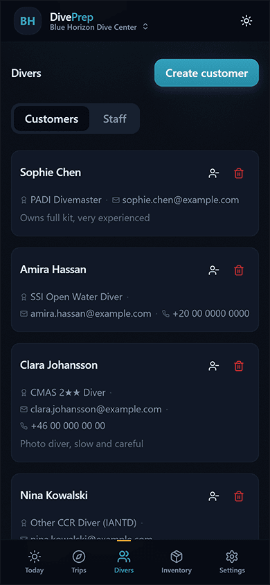 Divers page showing customer list with notes