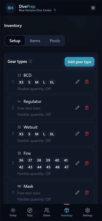 Inventory page showing gear types and shop defaults