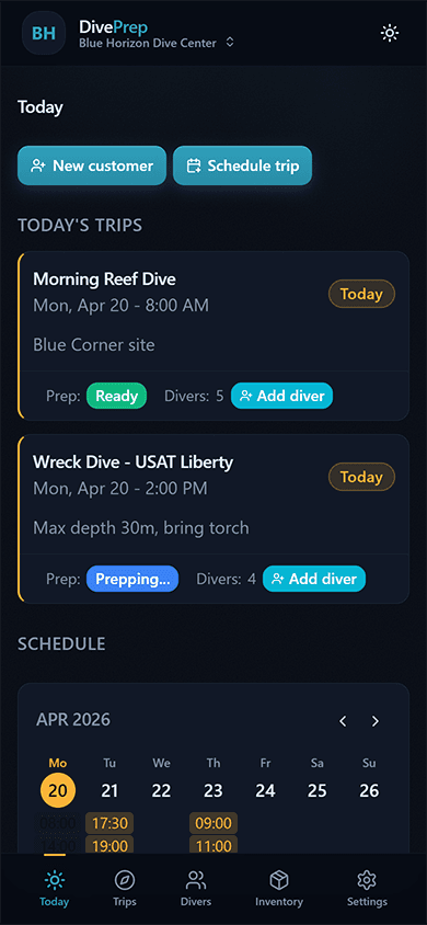 Today page showing upcoming trips and quick actions