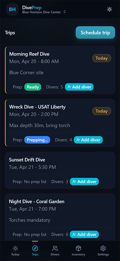 Trips list showing upcoming dives at Blue Horizon Dive Center