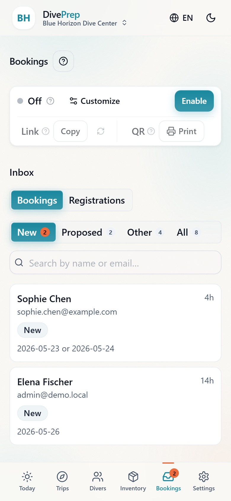 Bookings inbox showing pending and confirmed customer requests