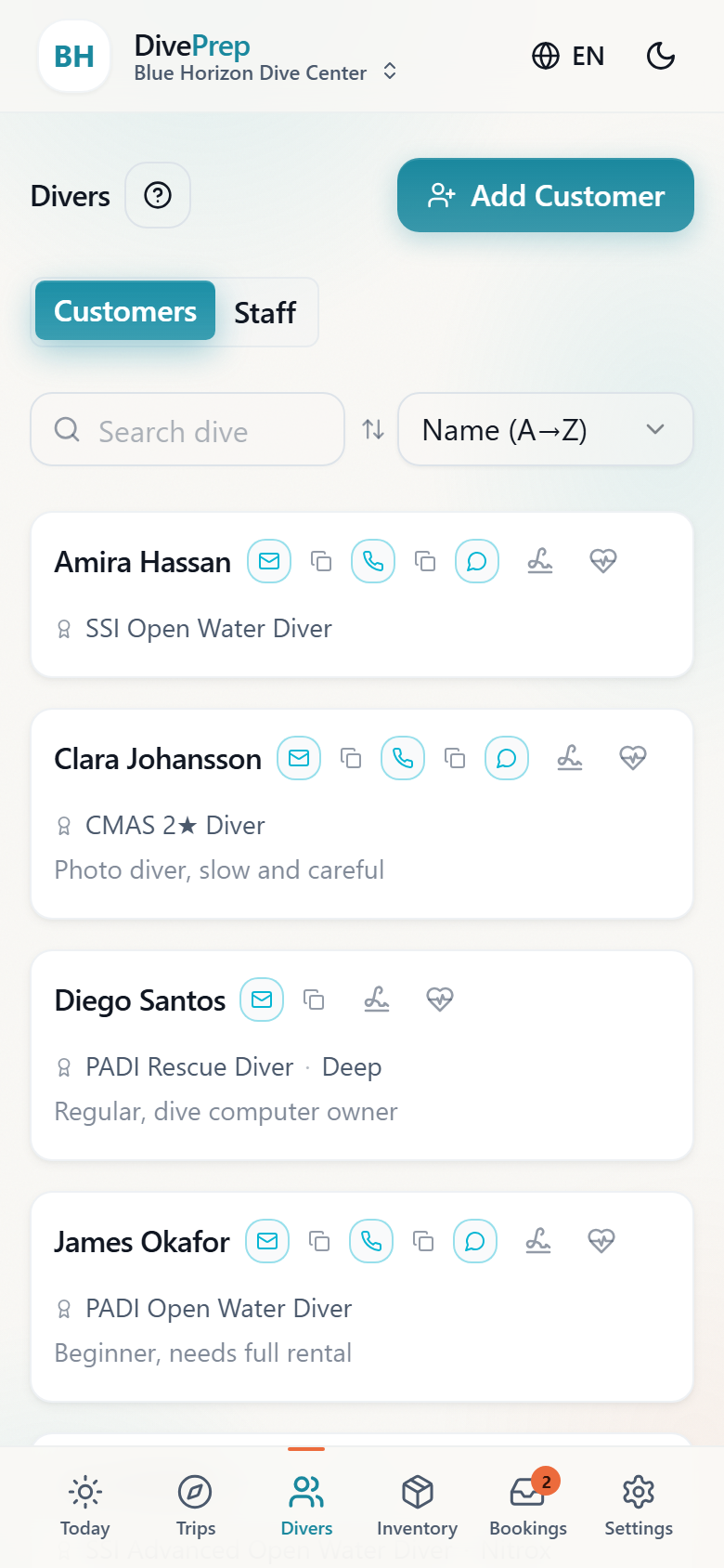 Divers page showing customer list with notes