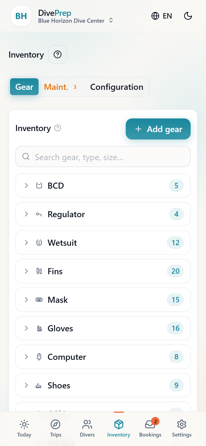 Inventory page showing gear types and shop defaults