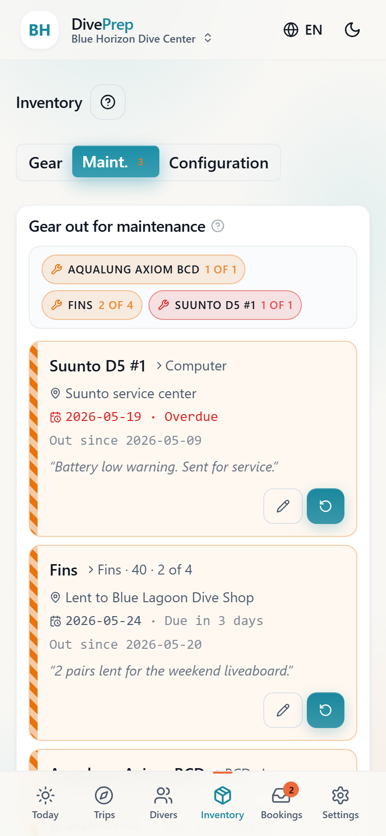 Inventory maintenance tab showing items currently out of service