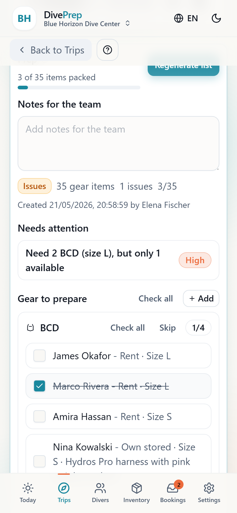 Prep list showing a trip gear checklist