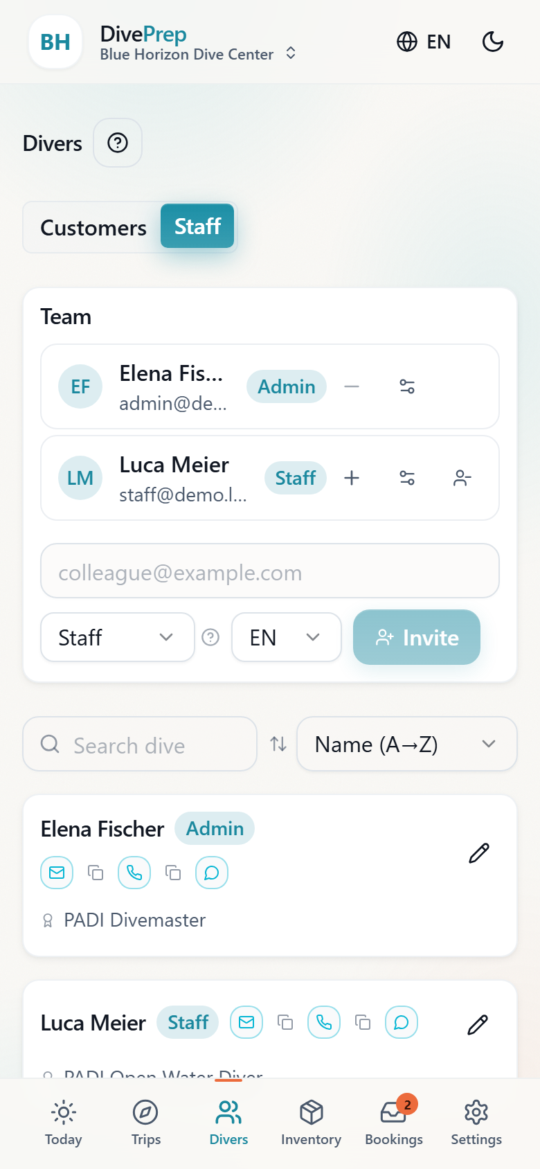 Staff page showing team members and their gear profiles