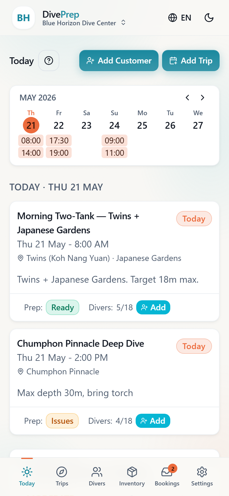 Today page showing upcoming trips and quick actions